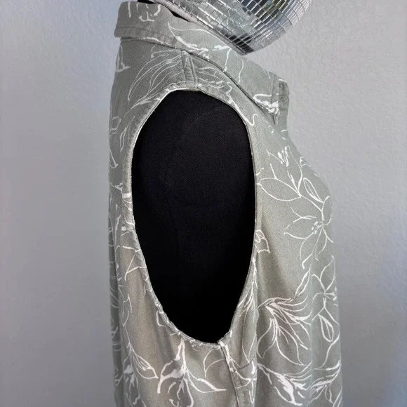 ecothreads Womens Sleeveless Button Up Shirt Green Floral Linen Blend Size L - Picture 16 of 16